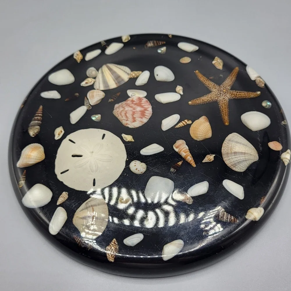 Vtg Lucite Resign Trivet Seashell Starfish Sand Dollar Black Kitchen Decor 8
